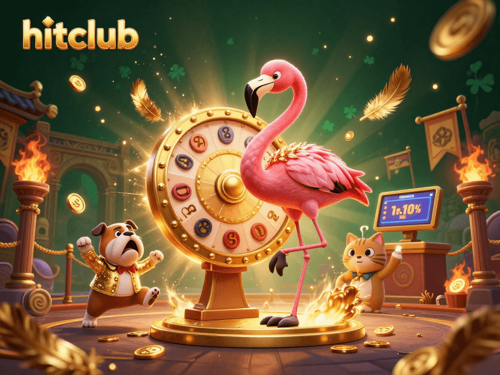 hitclub promotional illustration featuring a flamingo game show host spinning a prize wheel amidst golden coins and vibrant decorations