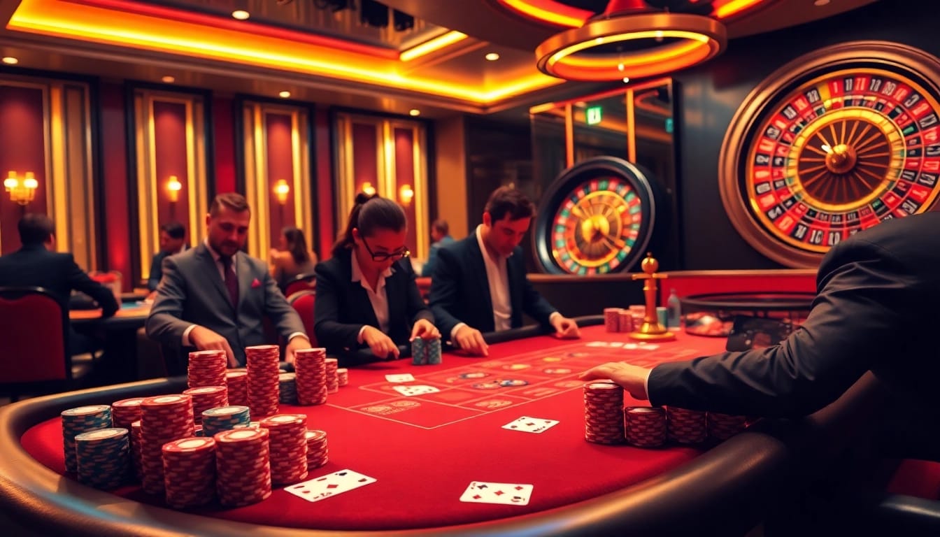 Gamblers engage at a stylish casino table, highlighting Ga6789's vibrant poker experience with professional dealers.