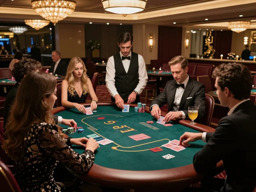 Exciting game at nhà cái 388bet's VIP table with players and dealer in luxury casino