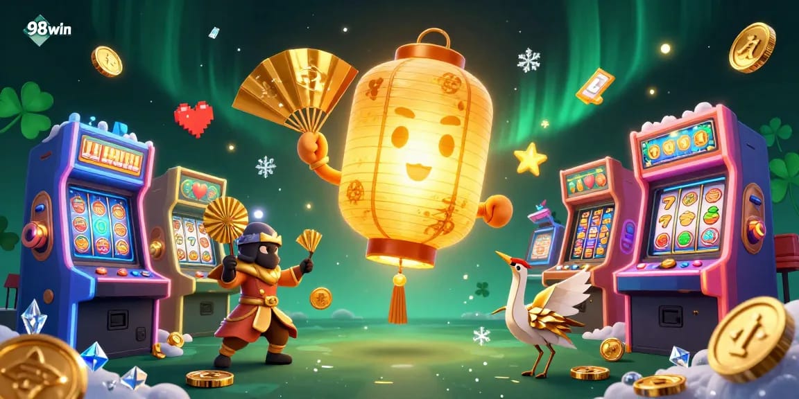 Experience exciting slots and jackpots with 98win in this vibrant casino illustration.