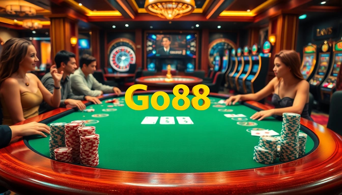 Players enjoy a thrilling game of poker at the Go88 casino table surrounded by vibrant chips and cards.