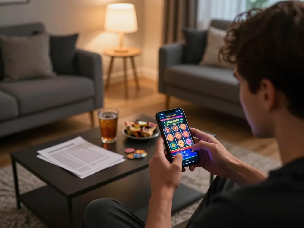 NAGA2000 player engaging with online slot games on smartphone in a cozy living room