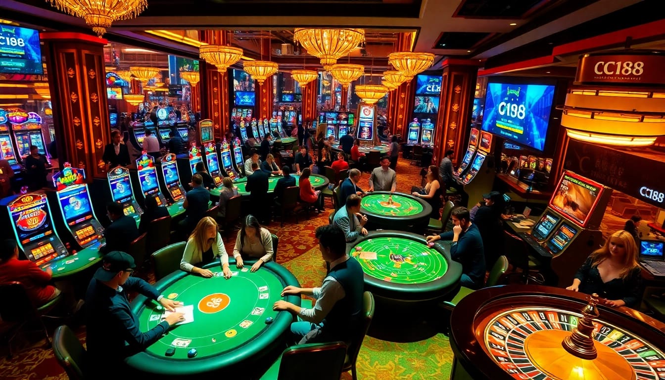 Experience high-stakes gaming at C168's luxurious casino, featuring poker tables and slot machines.