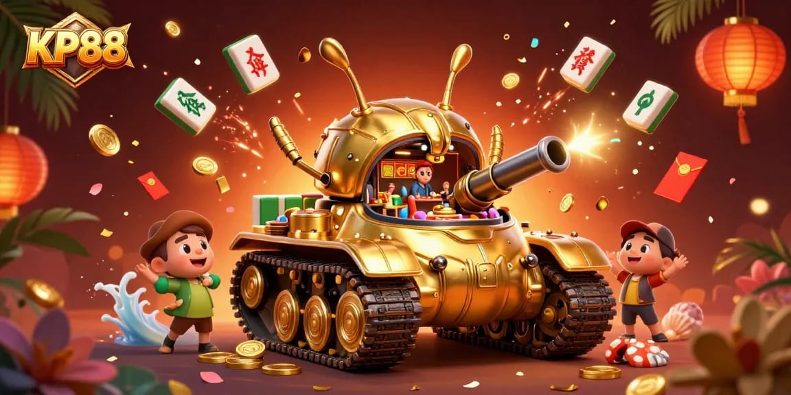 Spin your luck at KP88's vibrant casino scene featuring a golden beetle tank with tiny patrons.