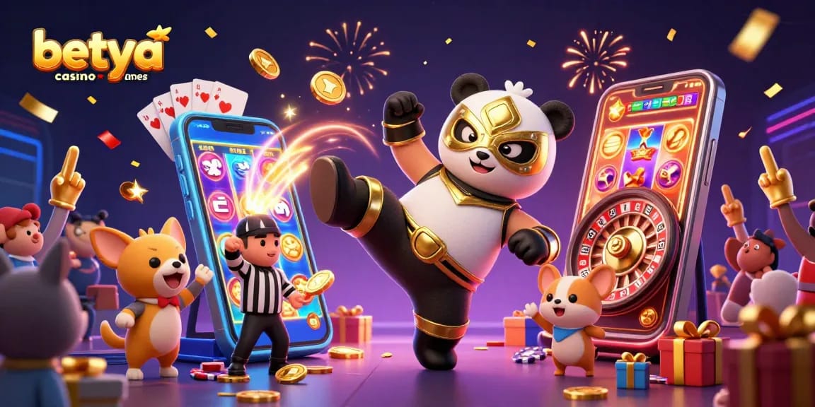 Betya.com casino games bring excitement with a panda wrestler kicking and animals cheering!