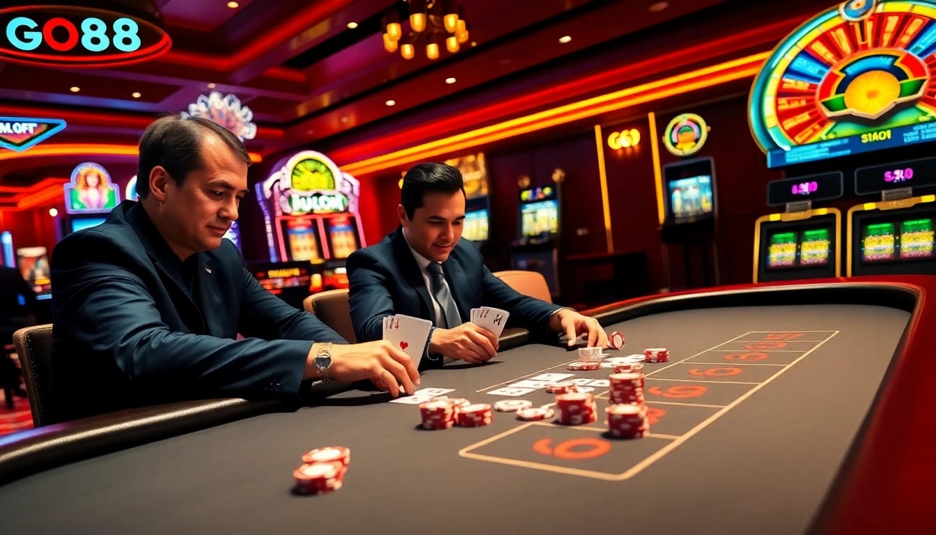 Players enjoying high-stakes poker at GO88's luxurious casino tables.