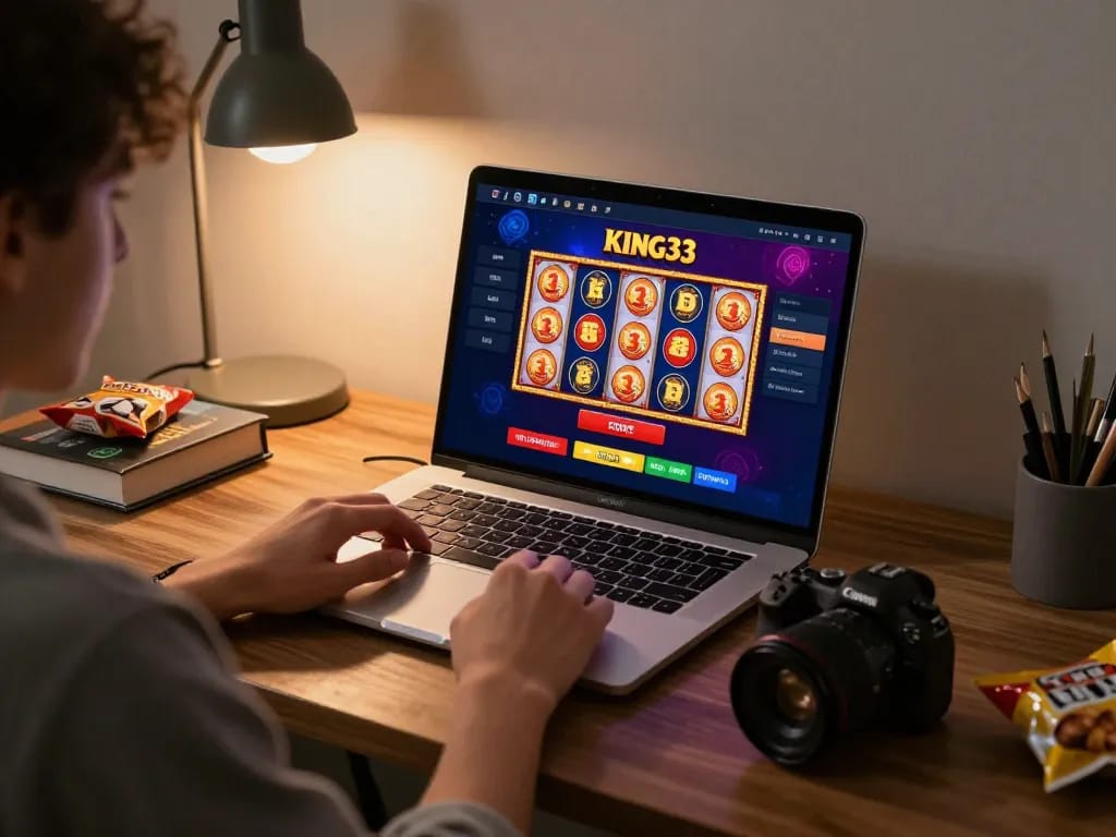 Engaged player enjoying king33 online slots on a laptop in a cozy home gaming setup.