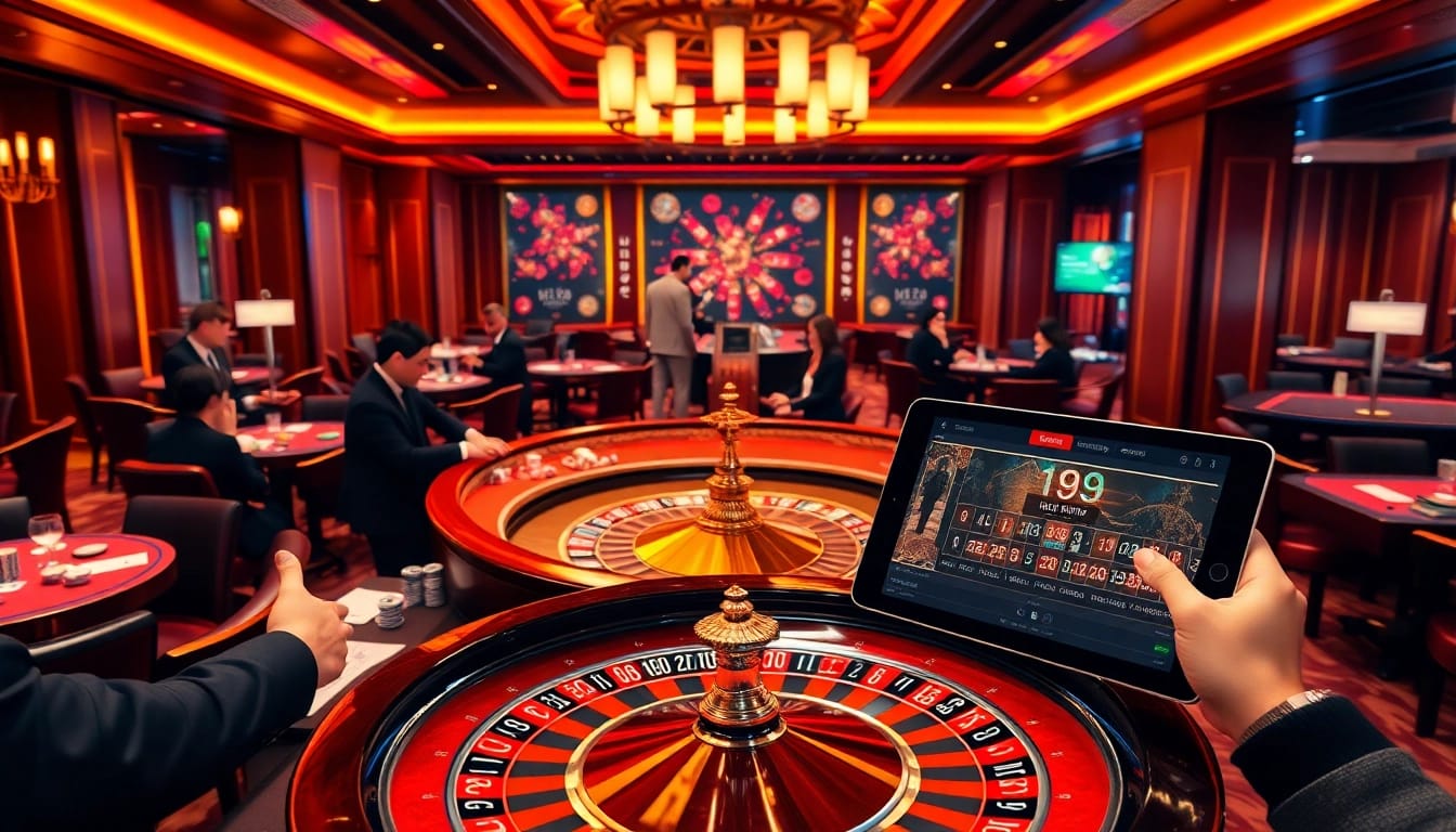 An exciting gaming atmosphere with the liên minh kjc showcasing roulette and poker action, highlighting thrilling moments in gambling.