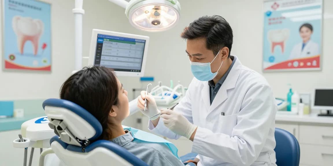 Patient in a dental chair with friendly dentist examining teeth, encouraging viewers to view it now for healthier smiles.