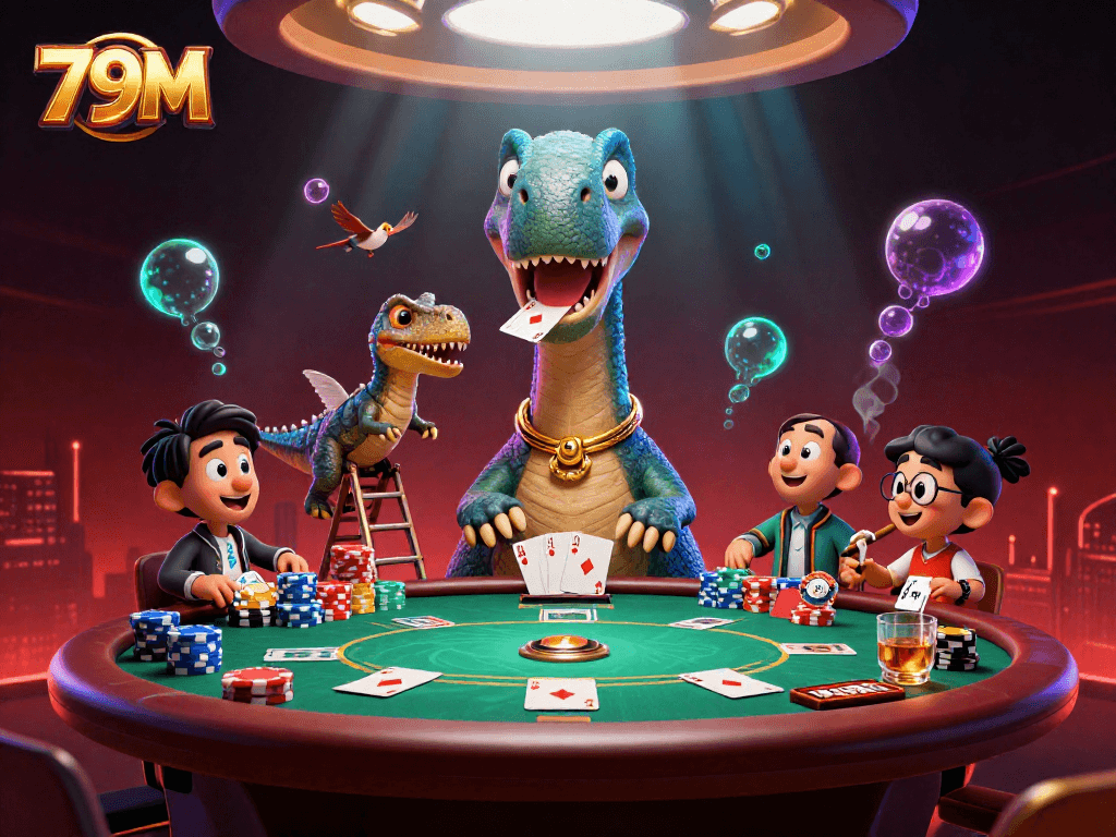 Desfrute da emoção do cassino 79M com dinossauros e cartas vibrantes.