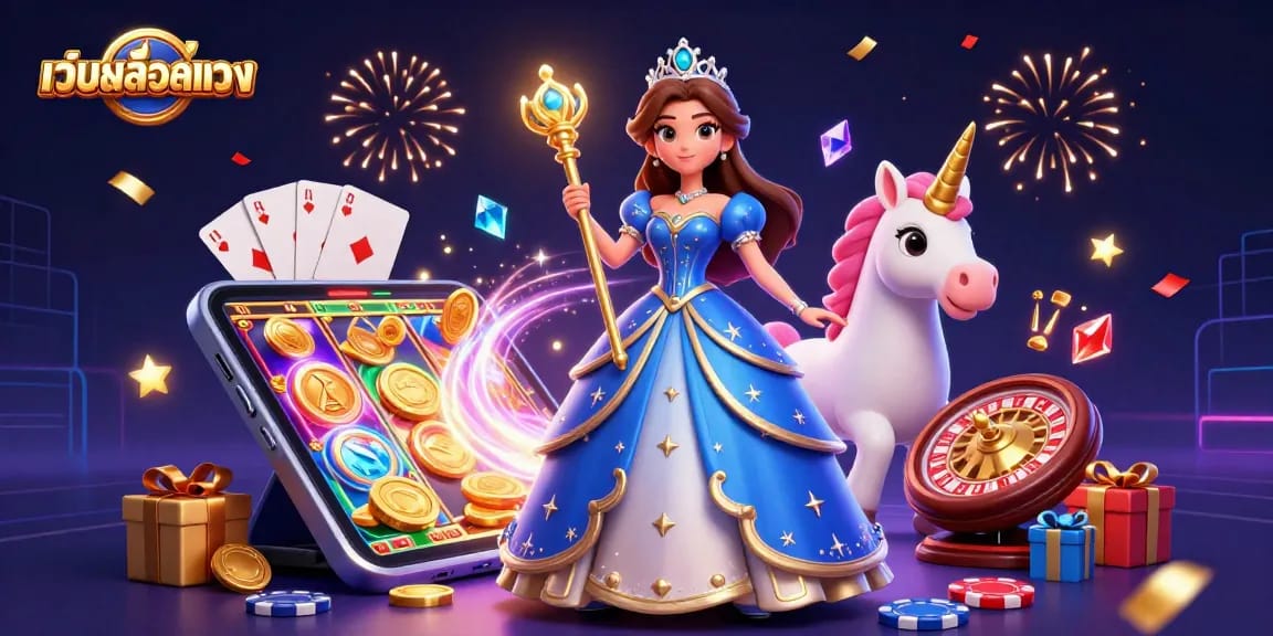 Experience the excitement of เว็บสล็อตตรง with vibrant casino elements and a magical illustration.