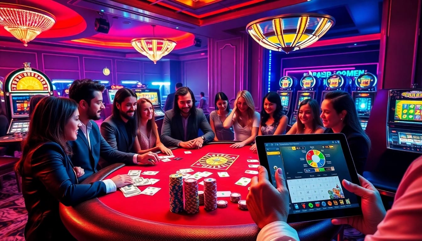 Players enjoying a thrilling poker game at a luxury casino inspired by rikvip, showcasing cards and chips.