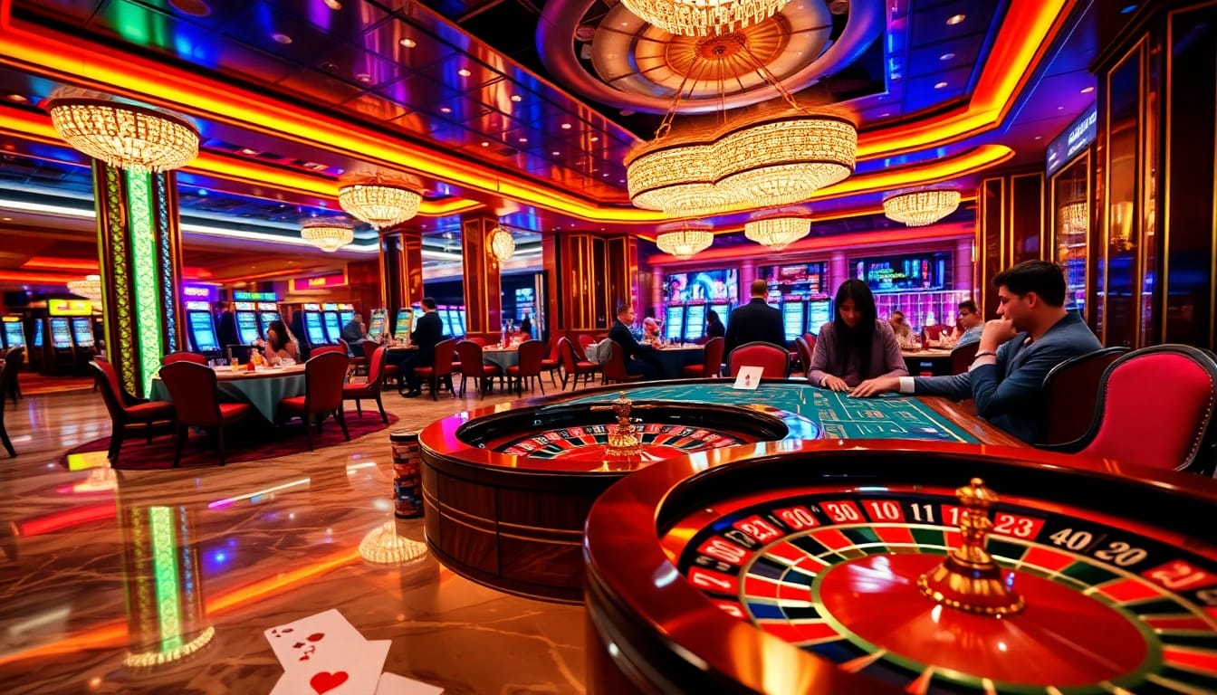 Experience the thrill of game bài đổi thưởng at an upscale casino table surrounded by vibrant colors.