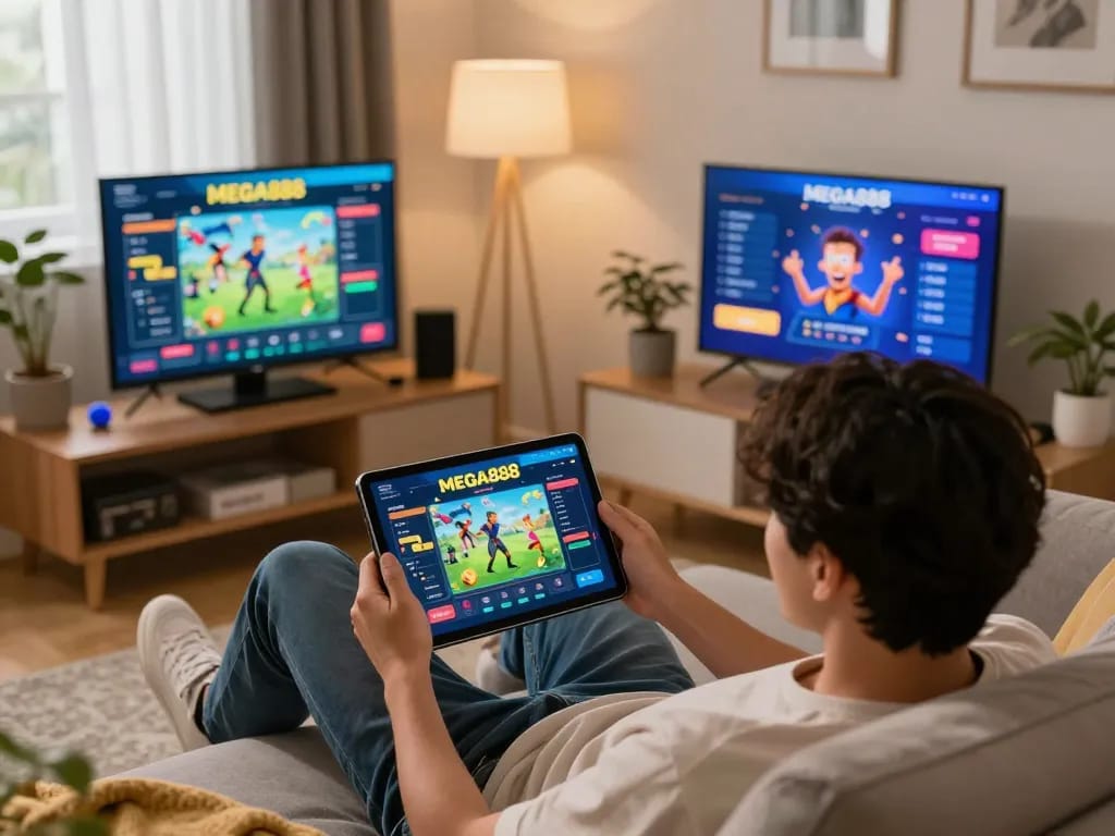 Playing free credit mega888 on a tablet in a cozy home gaming setup