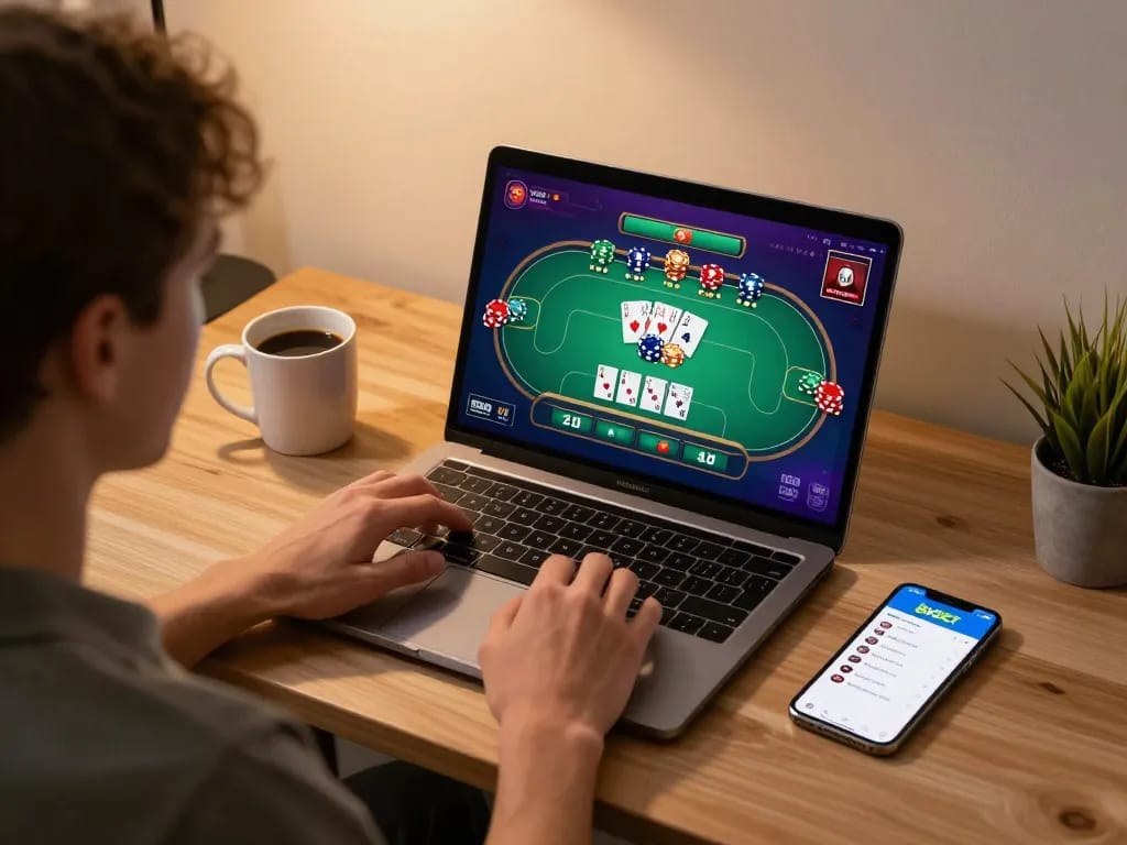 Player enjoying online poker gameplay on 8xbet app with cozy home atmosphere and warm lighting.