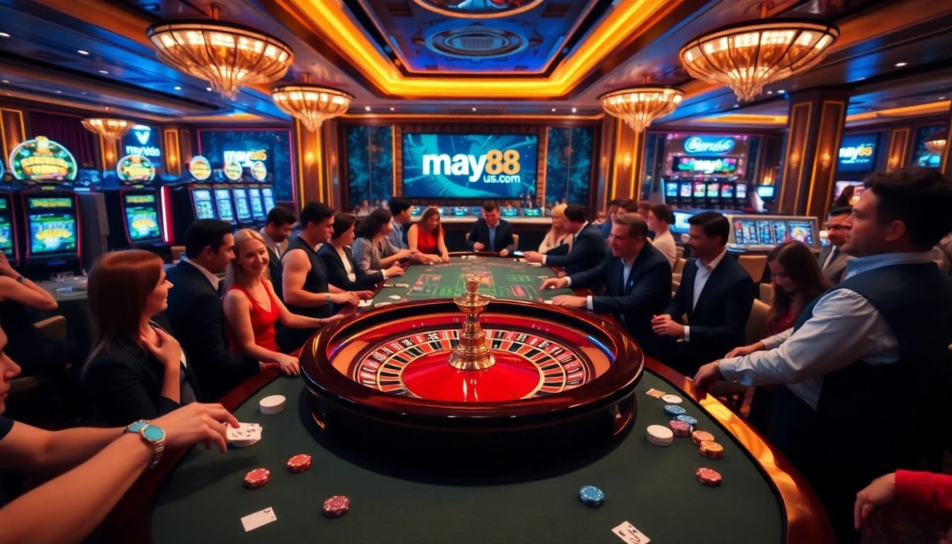 Witness the thrilling atmosphere at may88us.com with players engaged in a high-stakes casino game.