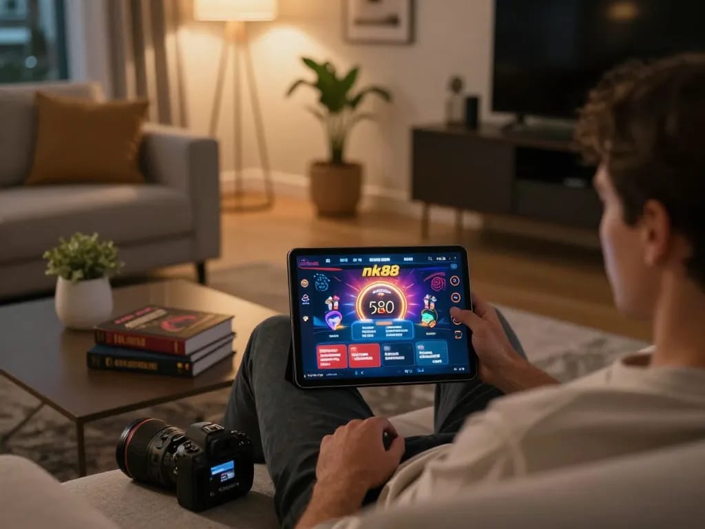 Engaged player exploring nk88 casino app on tablet in cozy home setting while practicing responsible gaming