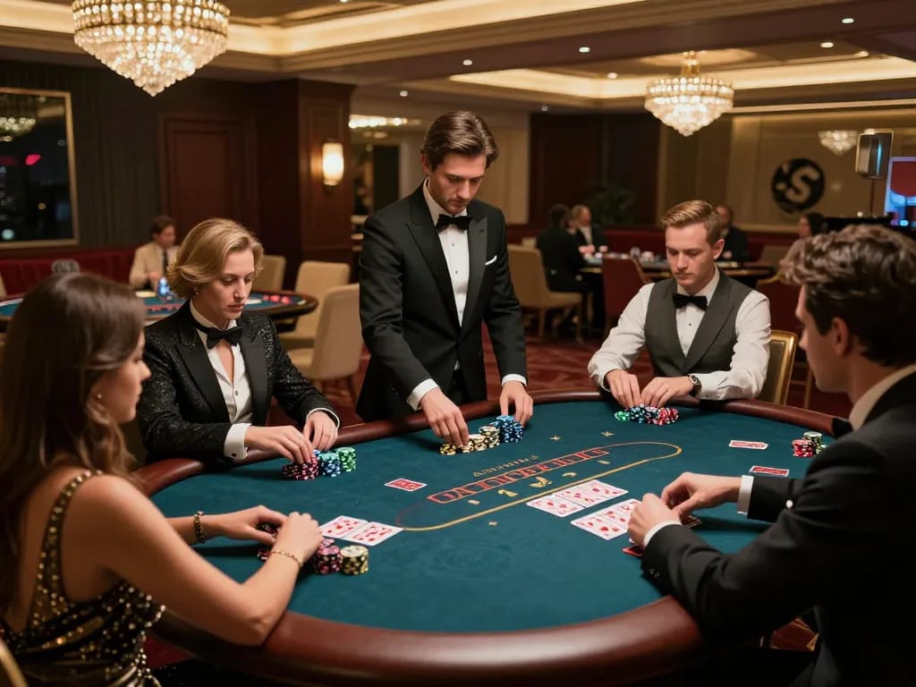 VIPWIN poker game in a luxurious casino showcasing players strategizing during an exciting round