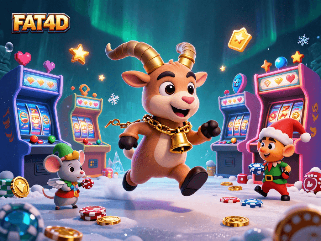 FAT4D reveals winning strategies in a vibrant 3D holiday casino scene with Krampus and friends.