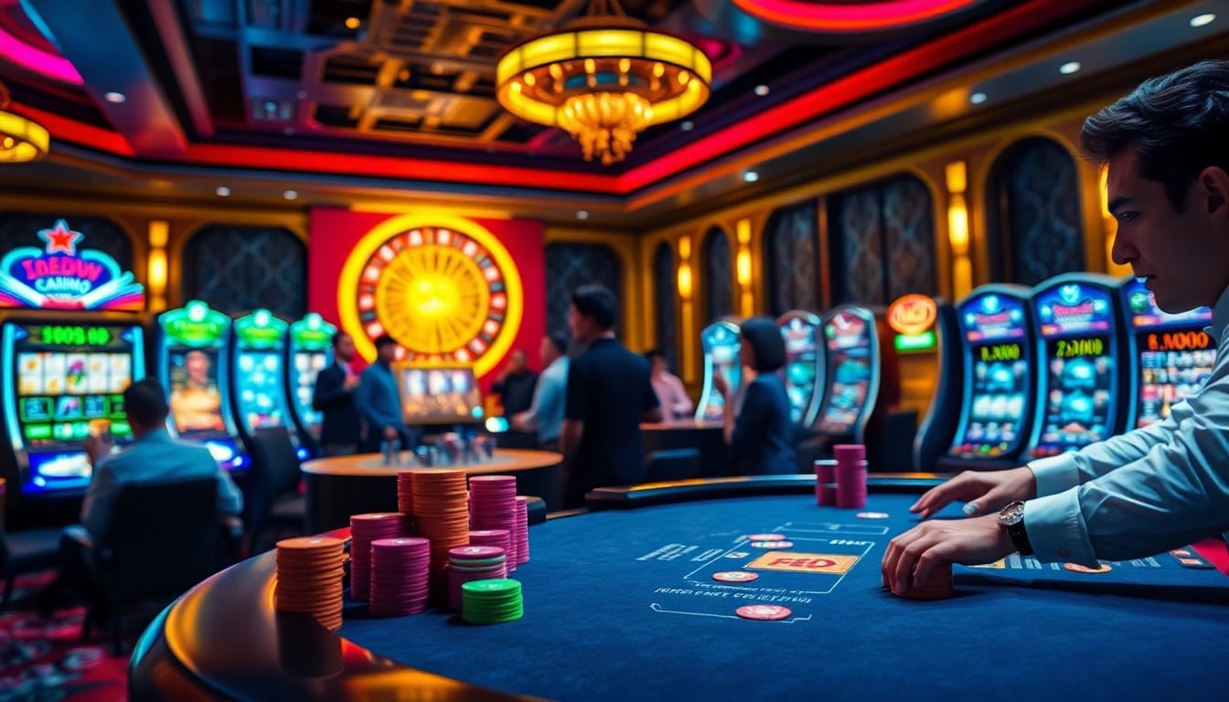 Experience the thrill of f8beta2 casino gaming with players at a poker table surrounded by excitement.