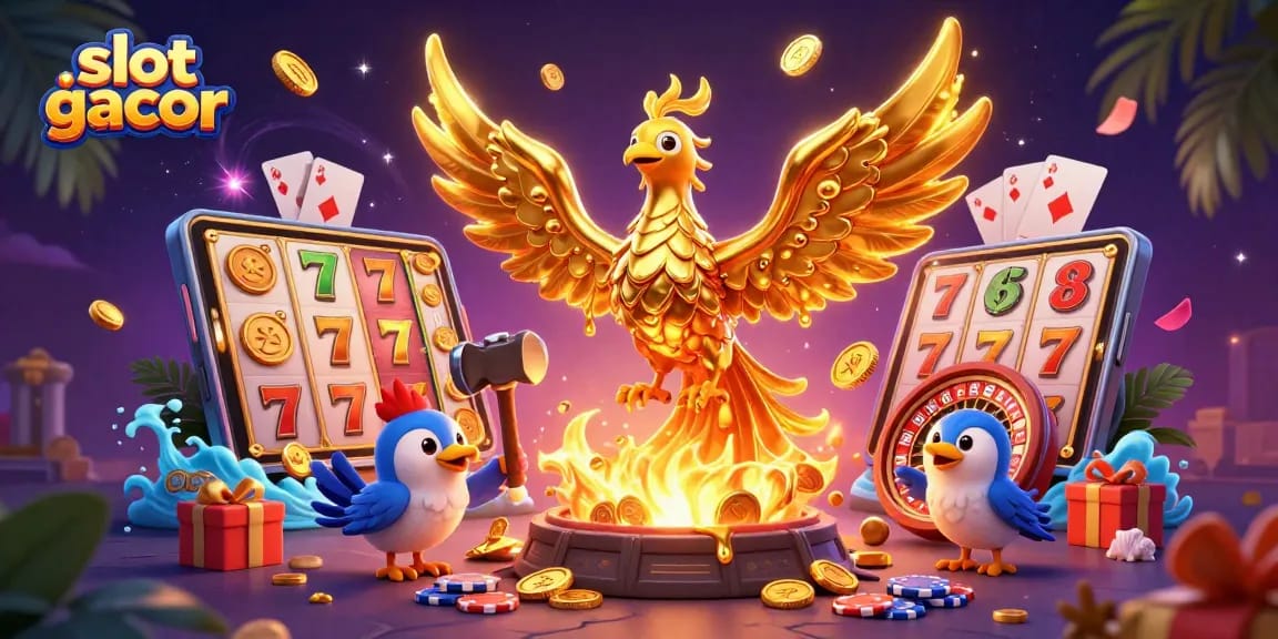 Menangkan slot gacor dengan phoenix emas yang memancarkan koin, dikelilingi elemen kasino.