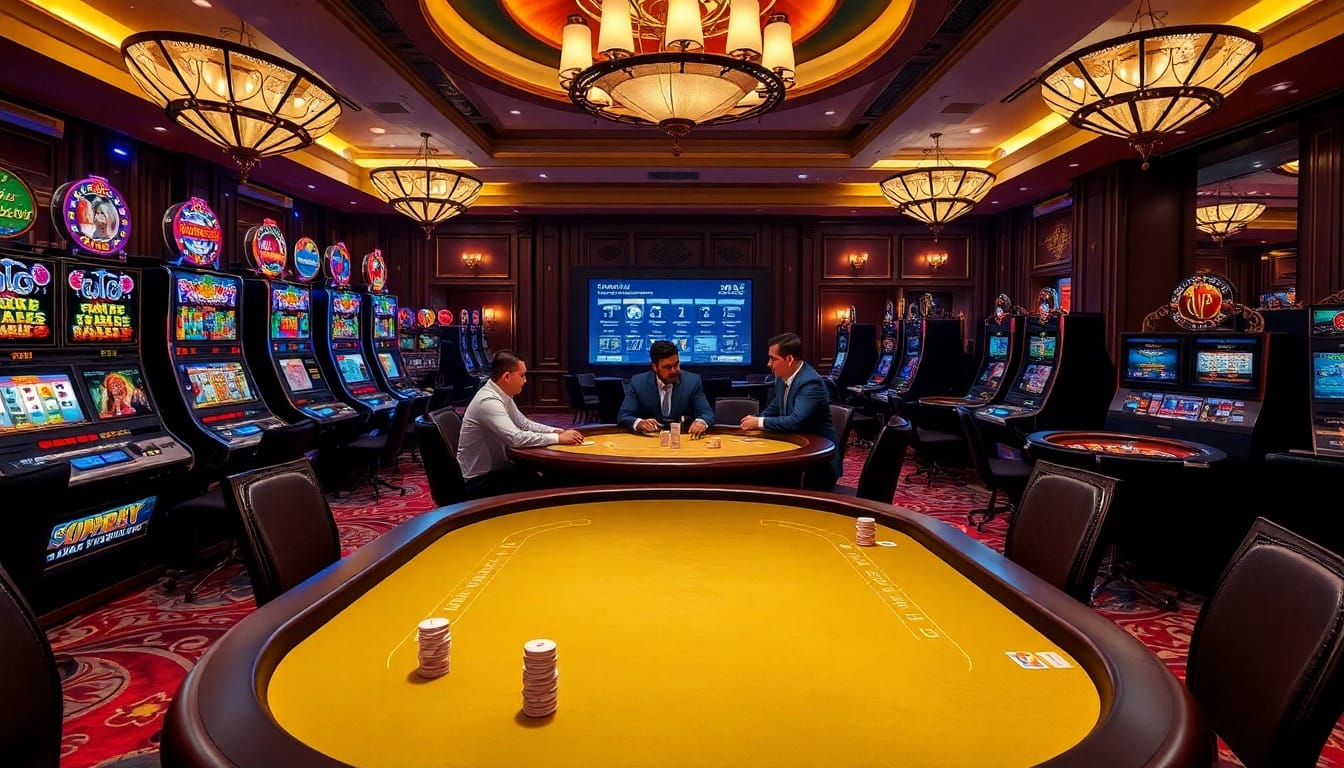 Engaging poker game at 8kbet with luxury decor and vibrant slot machines.