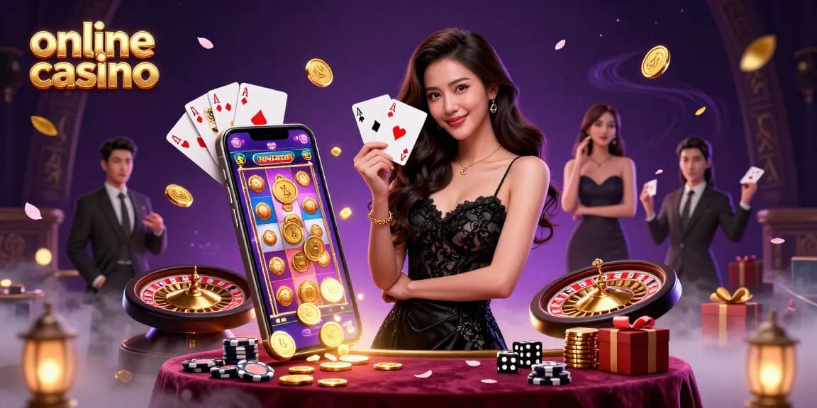 Play engaging online casino games with an elegant woman holding playing cards in a vibrant casino setting.