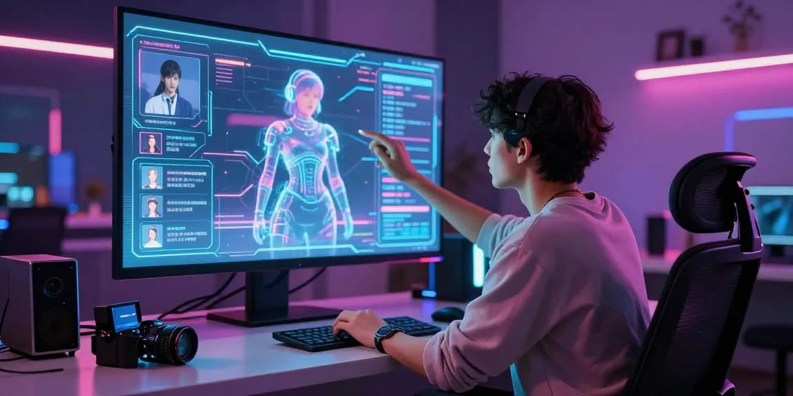 Immersive AI roleplay experience with a holographic character in a futuristic workspace