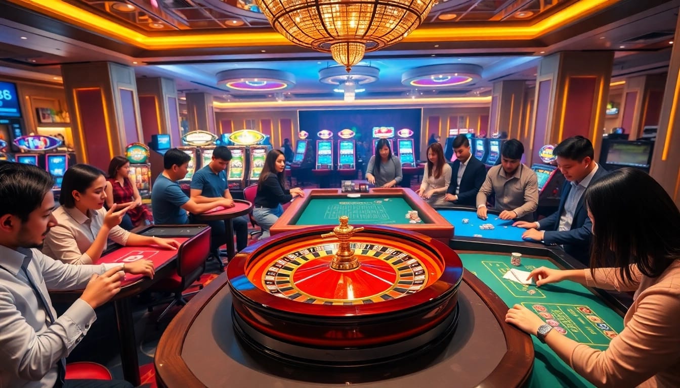 RR88 casino scene with gamblers engaged at tables, showcasing roulette, poker chips, and excitement.
