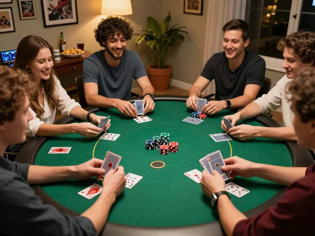Friends enjoying a competitive poker night while strategizing their next move on sc88vn