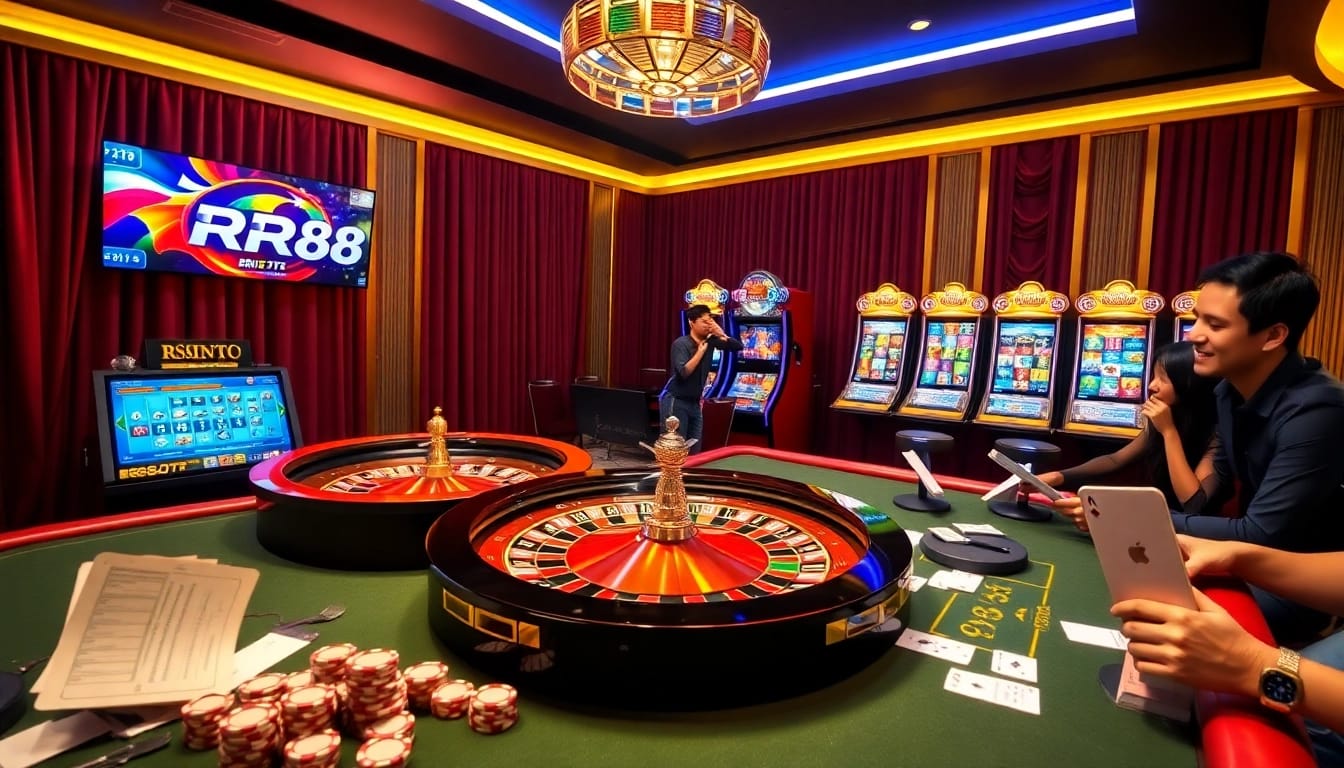 Engaging RR88 players at a vibrant online casino with roulette and slot machines.