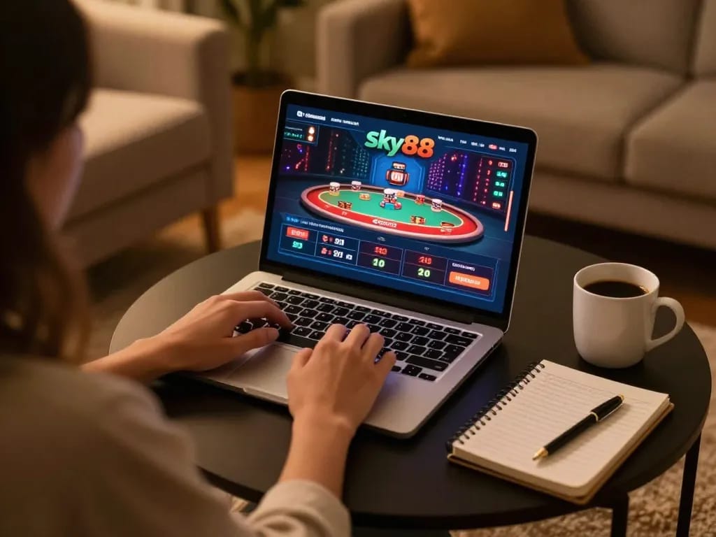 Player engaging with sky88 casino interface on laptop, showcasing online gambling setup and strategic gaming.