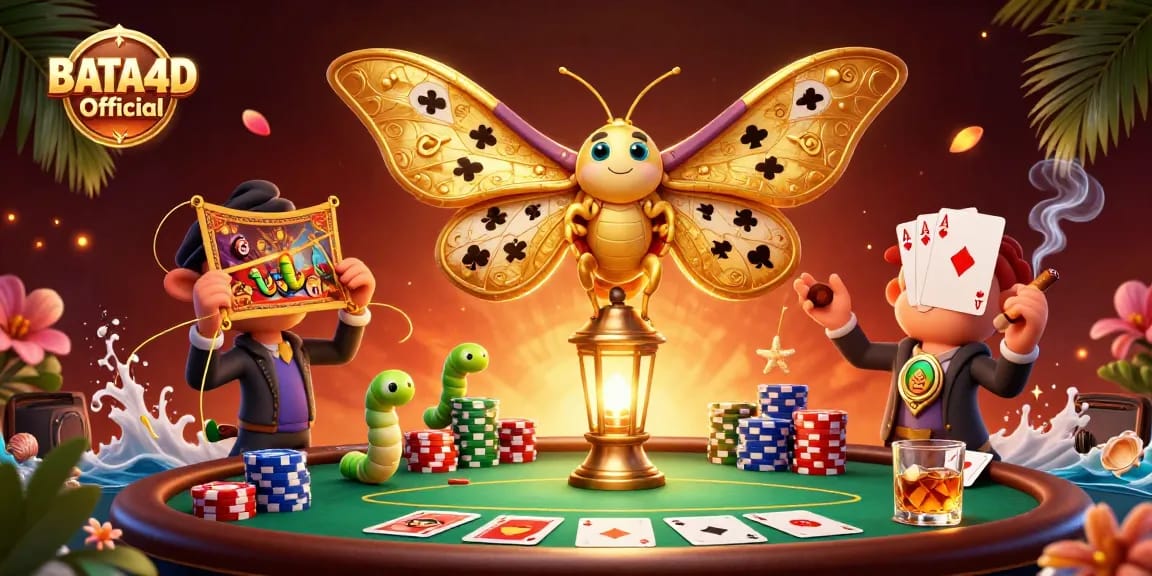 Menggali hiburan terbaik di BATA4D Resmi dengan berbagai elemen kasino, termasuk meja poker dan tumpukan chip.