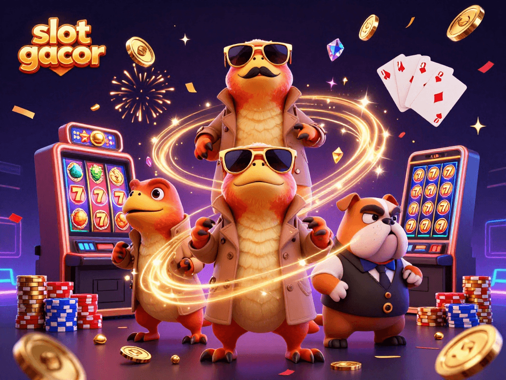 Experience the excitement of slot gacor with animated raptors in a trench coat entering a casino.