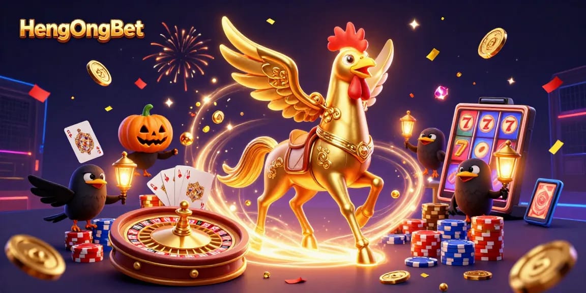 HengOngBet's golden rooster headless horseman conquers the midnight casino in a vibrant 3D illustration.