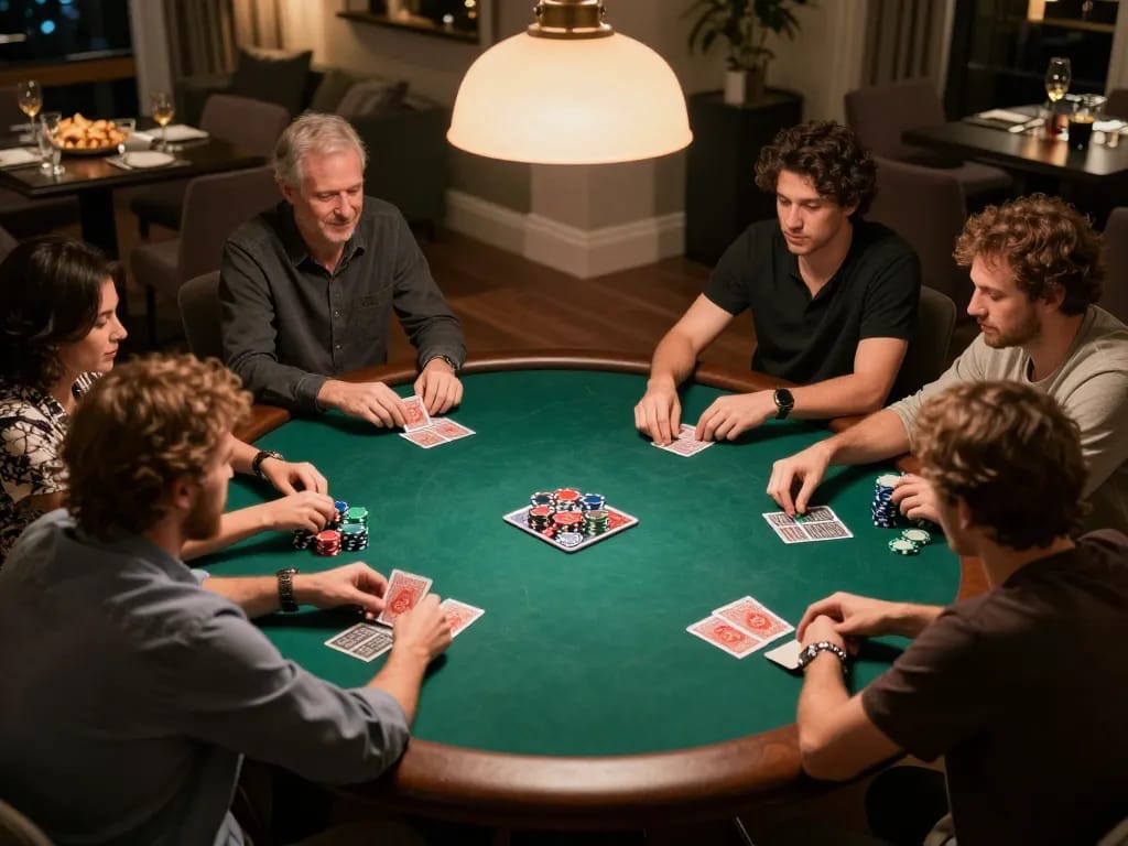 GO88 players strategizing during an exciting home poker night filled with chips and cards.