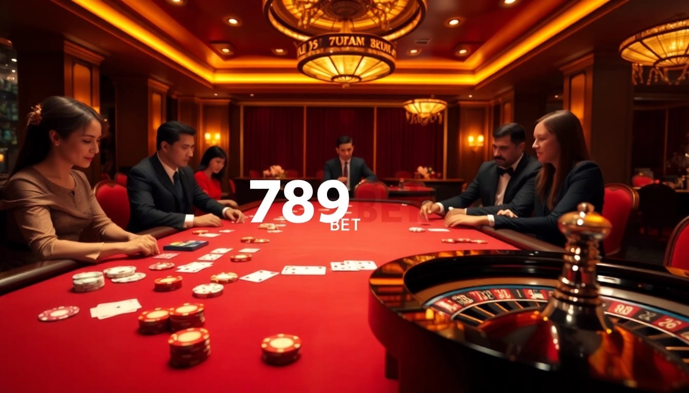 Engaging poker action at 789BET with players and dealers in a luxurious casino setting.