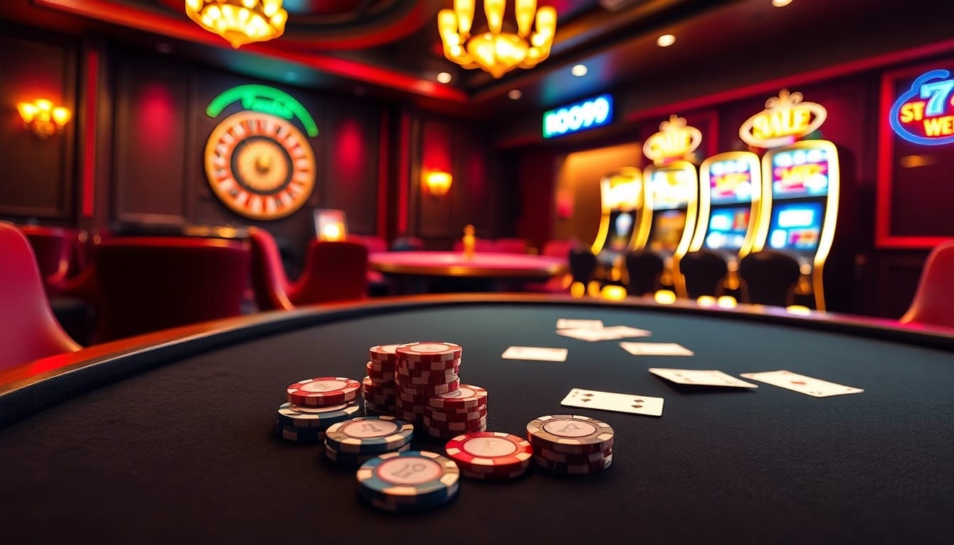 Experience the excitement of gambling at Roo99 with vibrant casino tables and spinning roulette wheels.