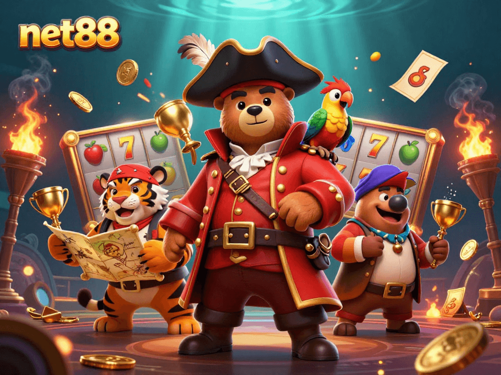 Engage in exciting slots action with net88, featuring a pirate bear and tiger amidst vibrant casino graphics.