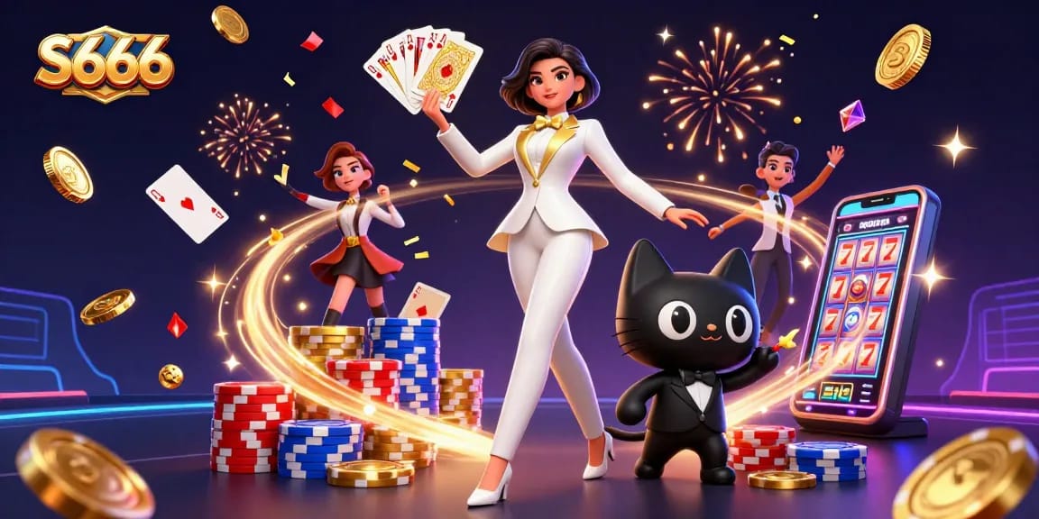 S666 offers thrilling gameplay with a glamorous atmosphere, showcasing a stylish woman shuffling cards.
