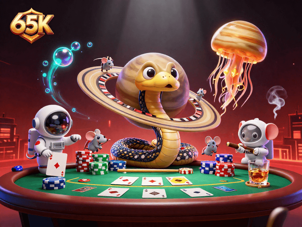 Aposte no universo do cassino com 65K, onde uma serpente de Saturno gira como uma roleta e astronautas fazem suas jogadas.