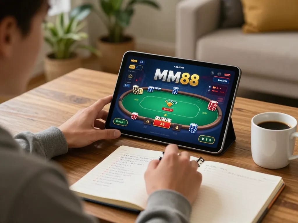 MM88 player strategizing while using a tablet for online casino gaming at home