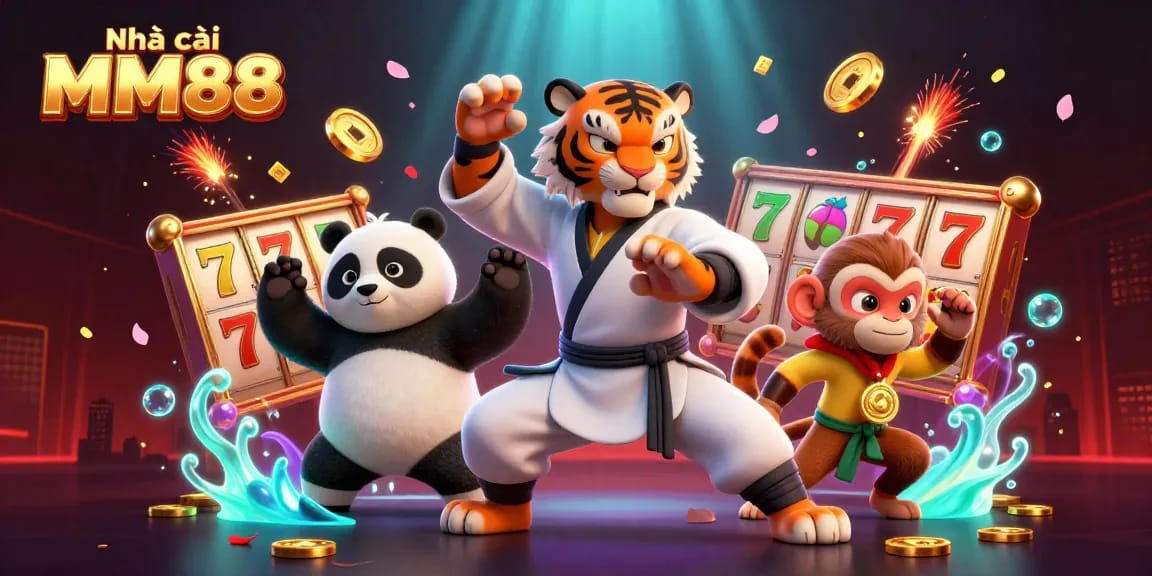 Engage with Nhà cái MM88 in this vibrant 3D slot game scene featuring cartoon characters and casino elements.