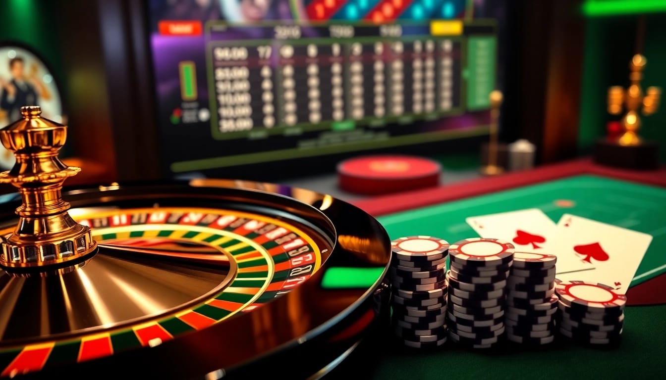 Experience top-tier gaming action at 789F rico with vibrant casino elements like a roulette wheel and poker chips.