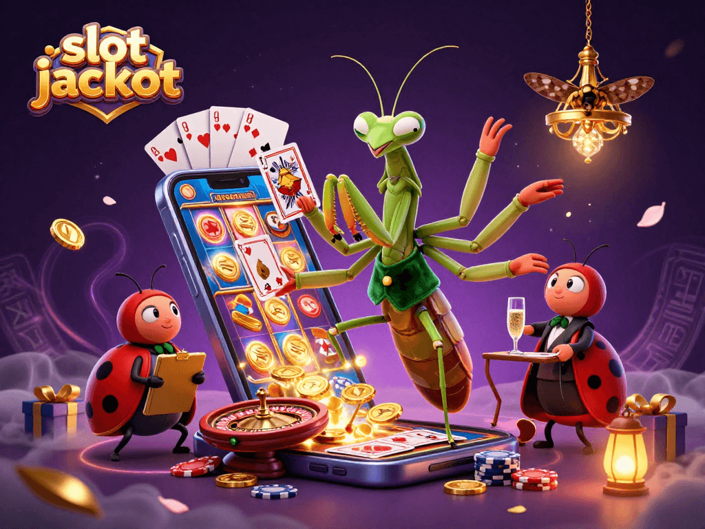 Experience excitement at the slot jackpot with giant characters and an array of gambling elements.