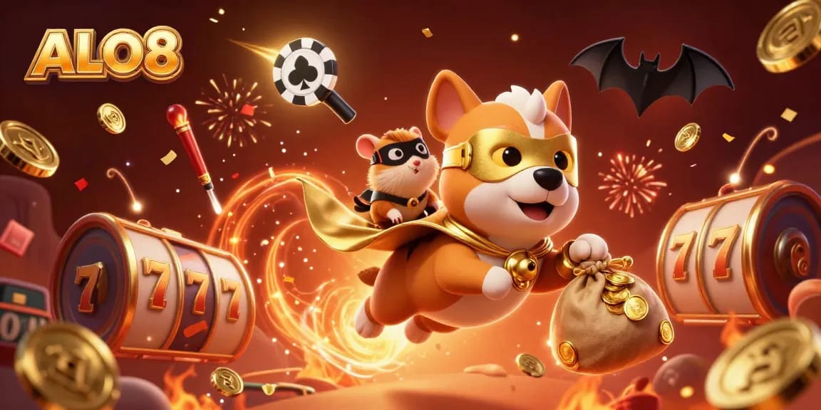Unleash excitement with ALO8's dynamic casino scene featuring a superhero dog and gold coins flying.