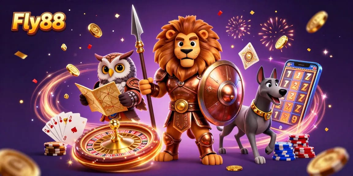 Join the excitement at Fly88, featuring a Spartan lion, tactical owl, and swift greyhound amid casino celebrations.