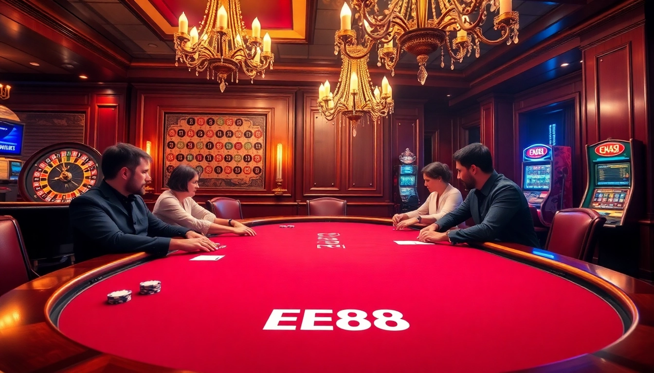 EE88 showcases a thrilling poker game in a luxurious casino atmosphere with vibrant colors and engaging players.