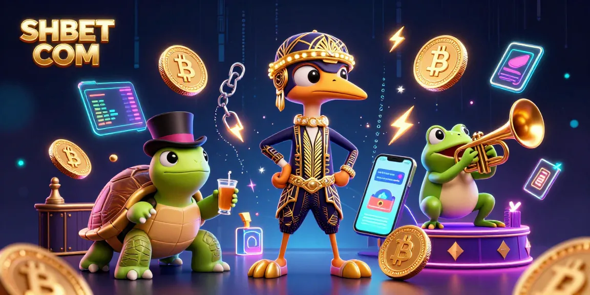 Engage in the dynamic world of SHBET COM, featuring vibrant casino characters amidst glowing crypto elements.