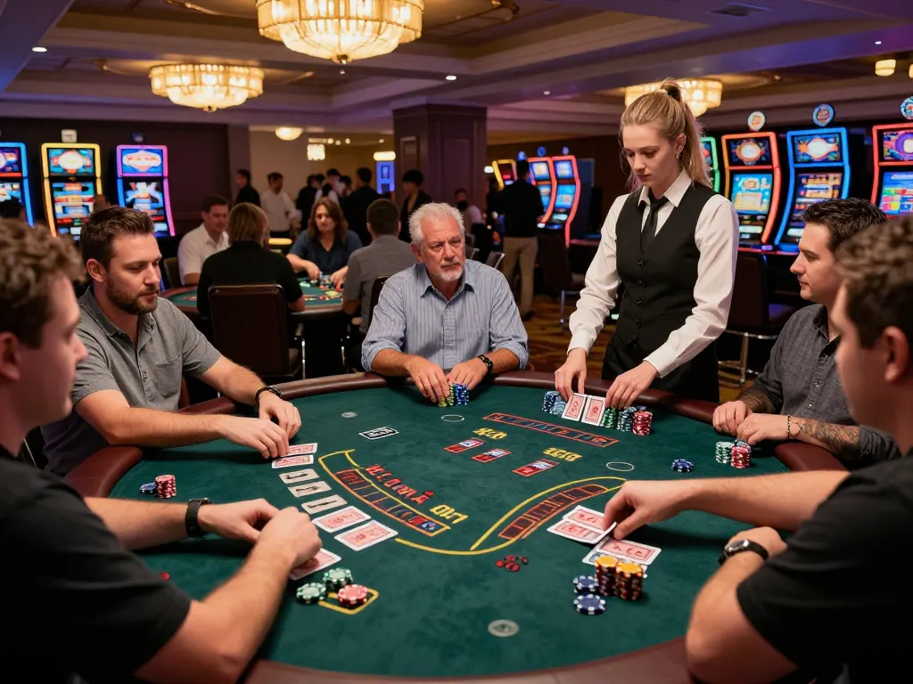 Engaging blackjack gameplay at a lively casino featuring kerajaanslot strategies, with players focused on cards and chips.